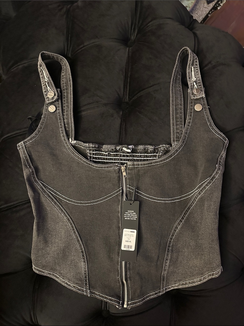 Black Denim Corset Tank with White Stitching